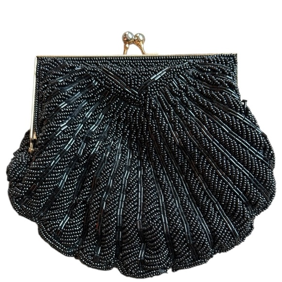 Walborg Black Beaded Purse w/ Chain Strap | Made in Hong Kong - Picture 1 of 5